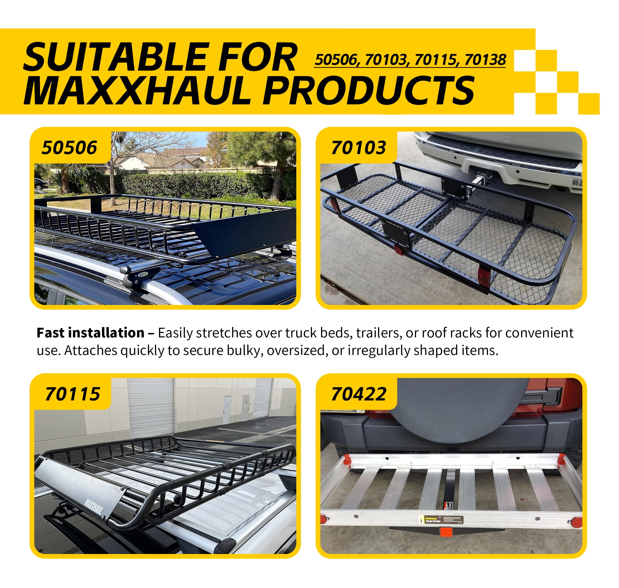 MAXXHAUL next to tape measure showing stretched and unstretched size range