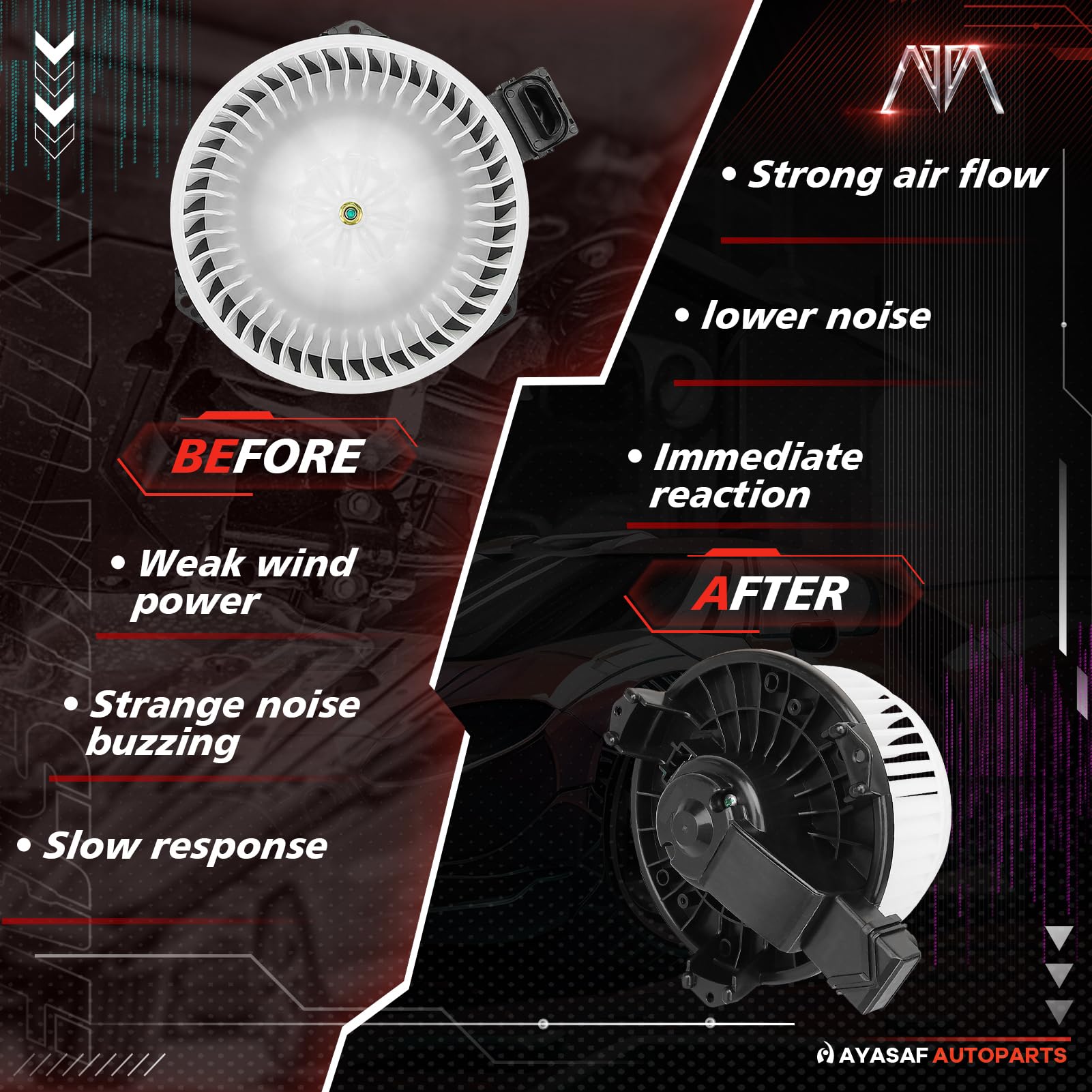 MAYASAF blower motor installed in vehicle HVAC cavity illustrating fit and restored vent airflow