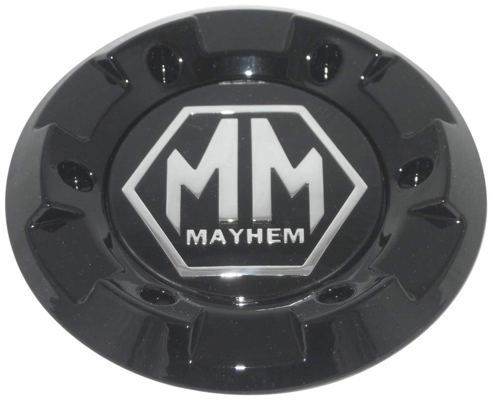 Mayhem glossy black center cap front view showing sleek finish and restored look