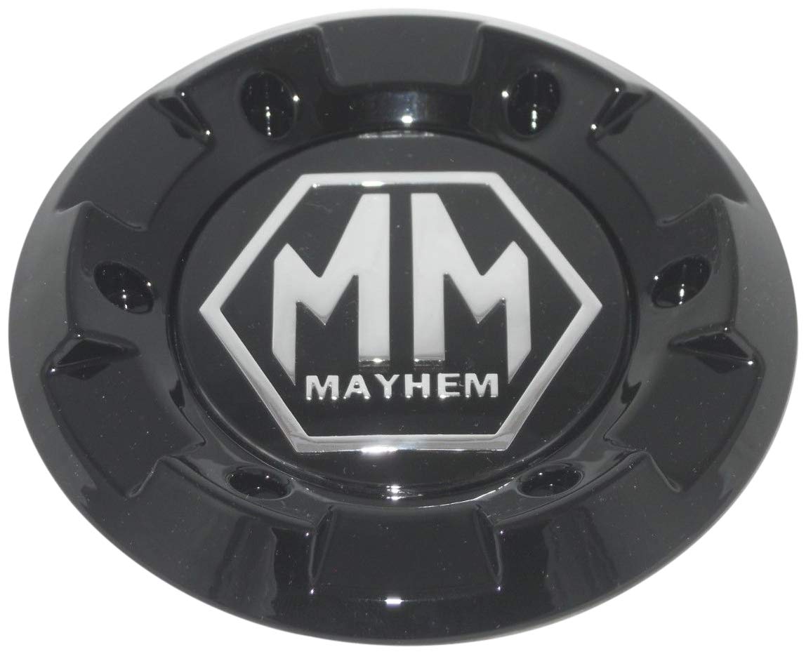 Mayhem glossy black center cap front view showing sleek finish and restored look