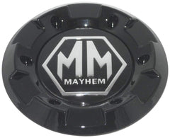 Mayhem glossy black center cap front view showing sleek finish and restored look