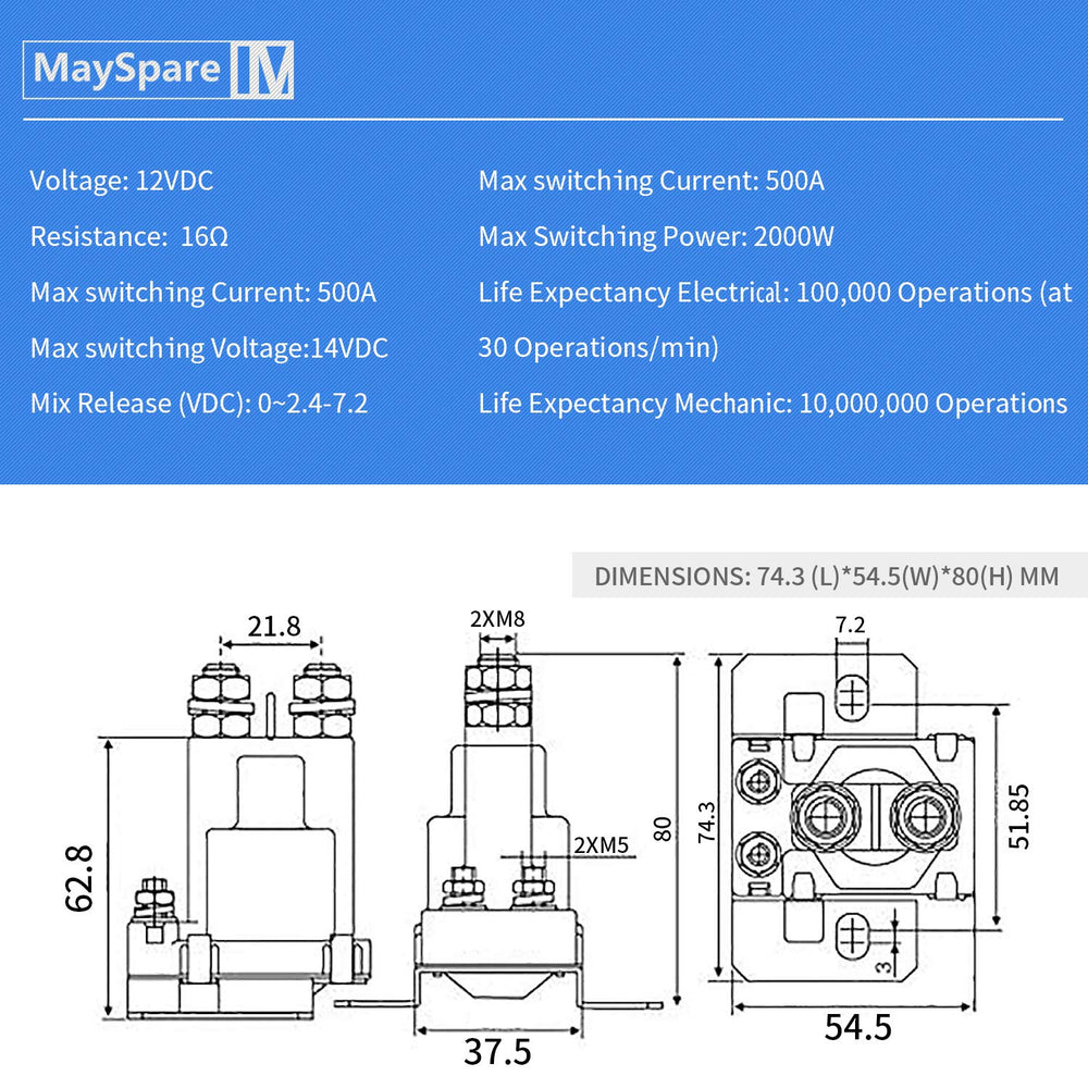 MaySpare side profile of relay highlighting compact design and bolt holes