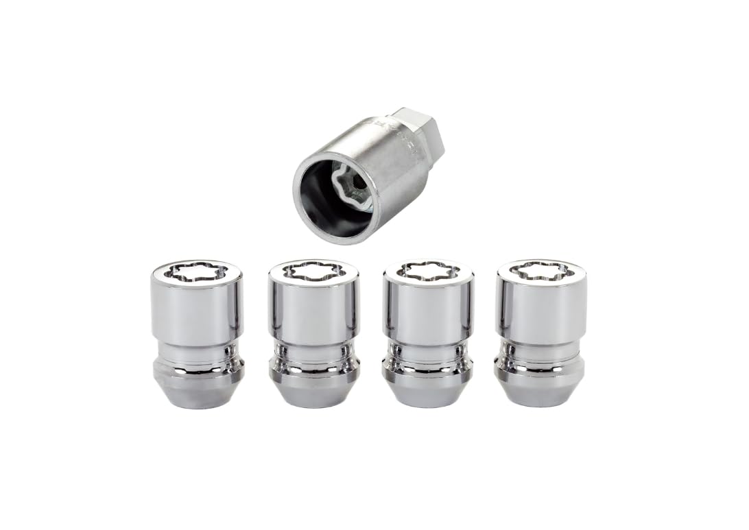 McGard 24154 front view of four chrome cone-seat locks with key showing secure appearance