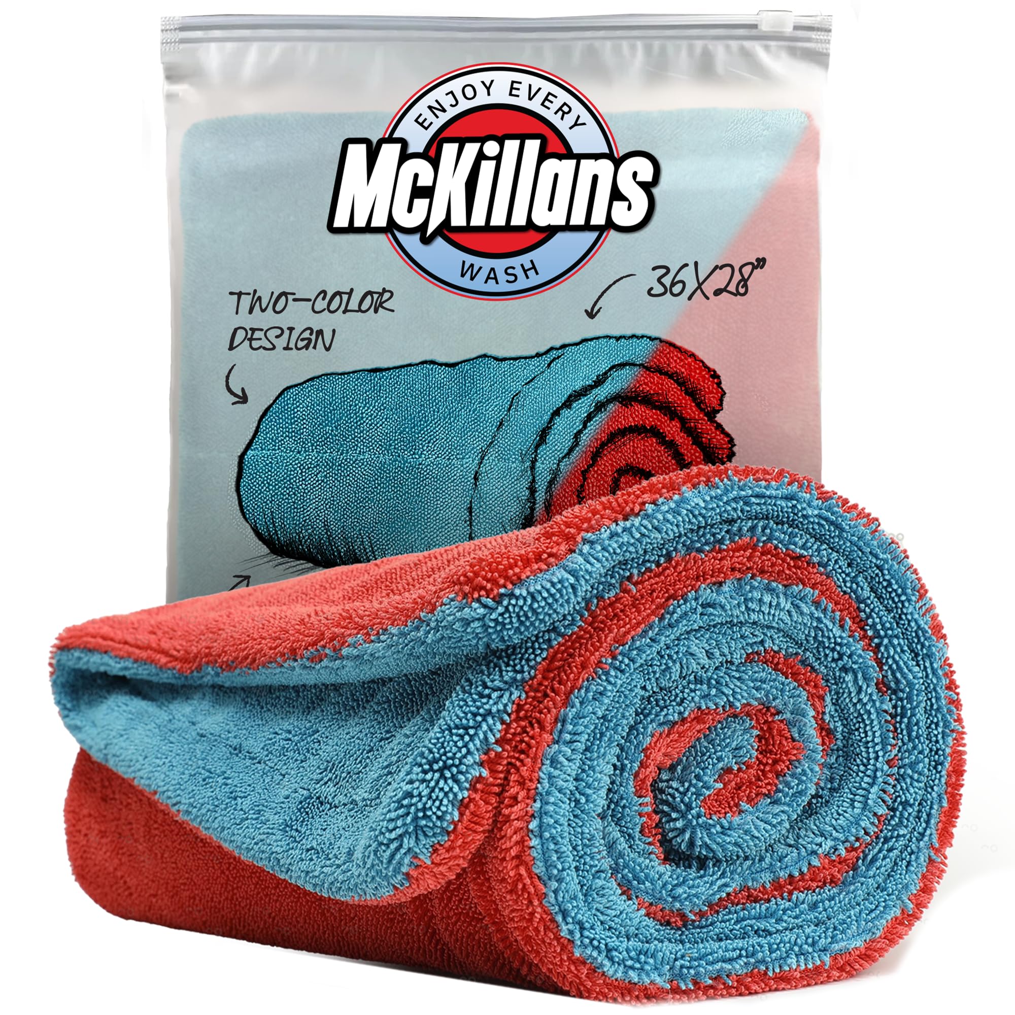 McKillans front view of XL drying towel showing size and dual-color for fast drying