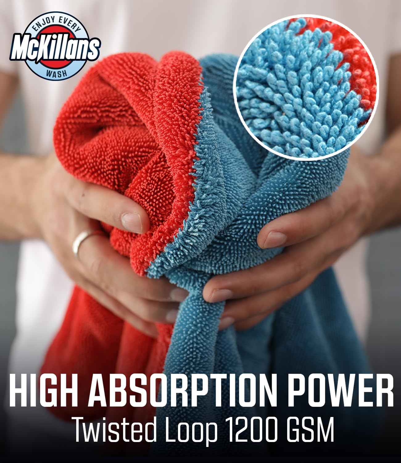McKillans folded XL towel next to standard towel illustrates full-panel coverage benefit