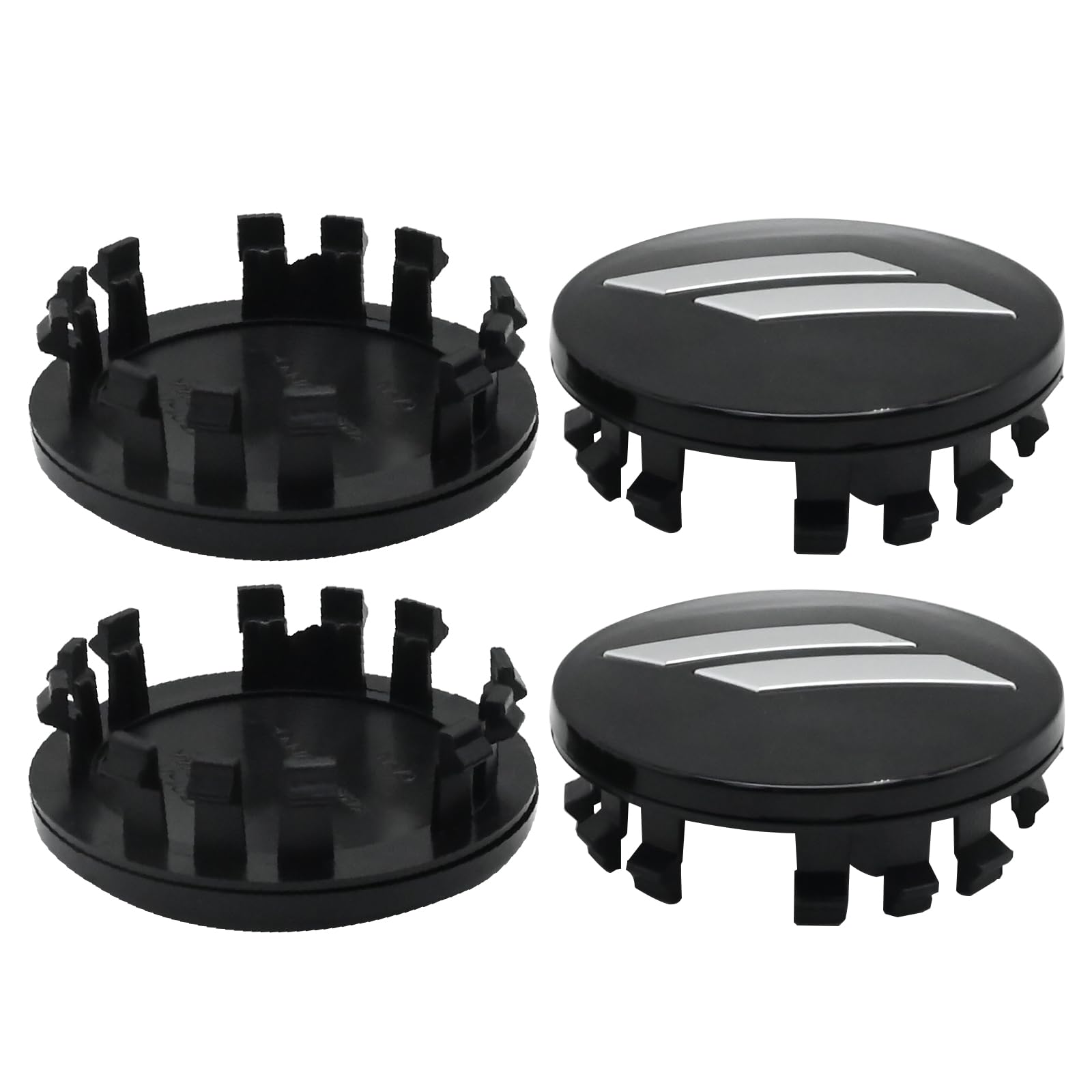 MDEOOSKY front view of four black center caps showing complete replacement set benefit