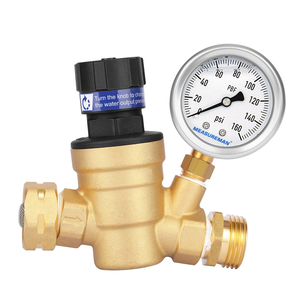 MEASUREMAN front view of regulator showing compact brass body and connections, durable design benefit
