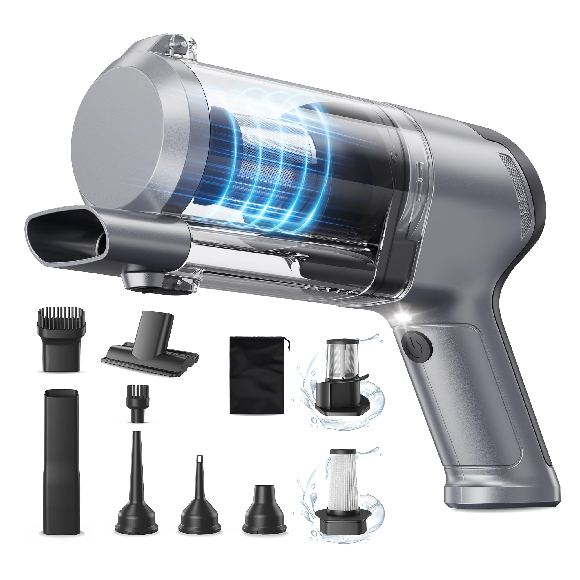 Mecanto front view showing compact cordless design and ergonomic grip benefit