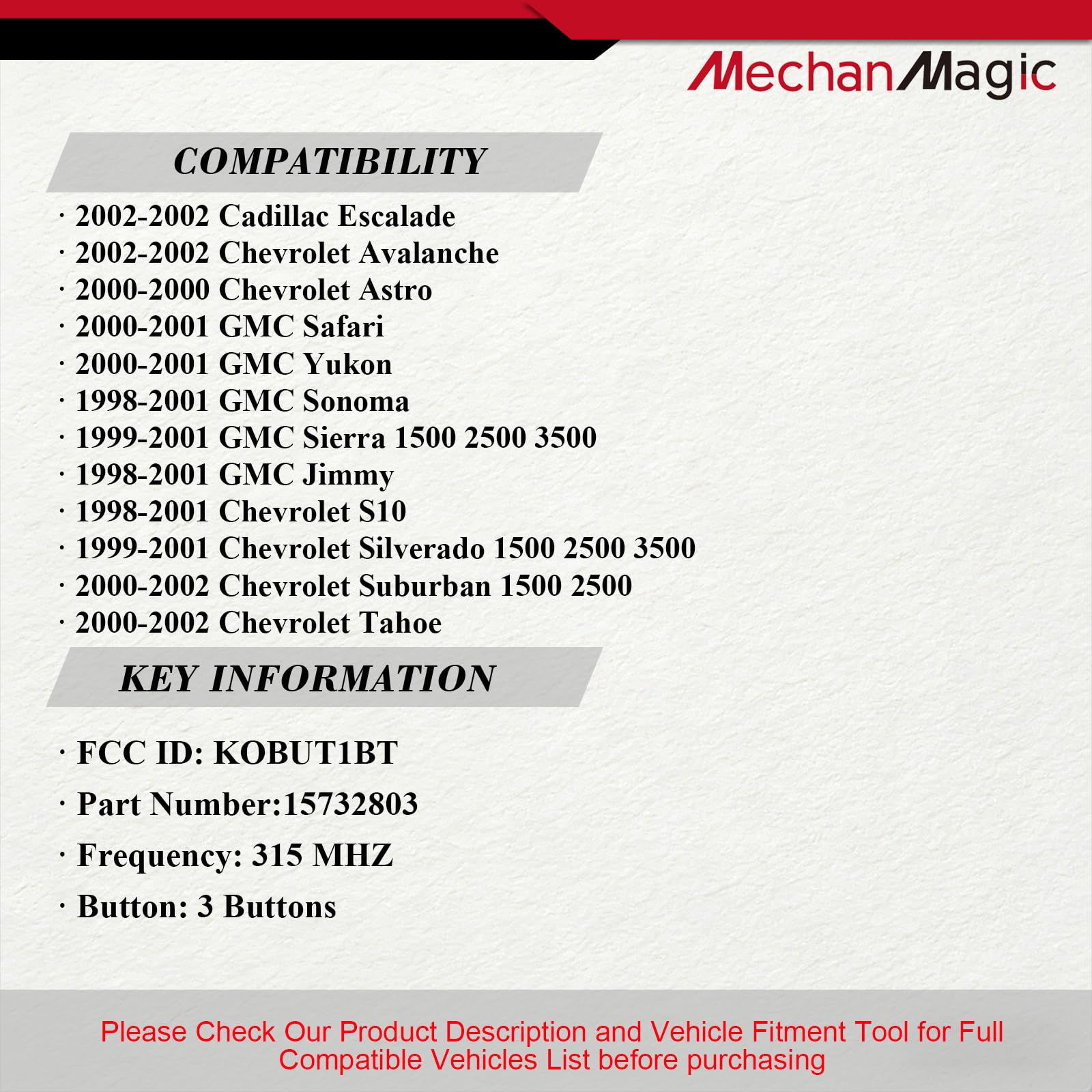 MechanMagic back label with FCC ID and part number for quick vehicle matching benefit