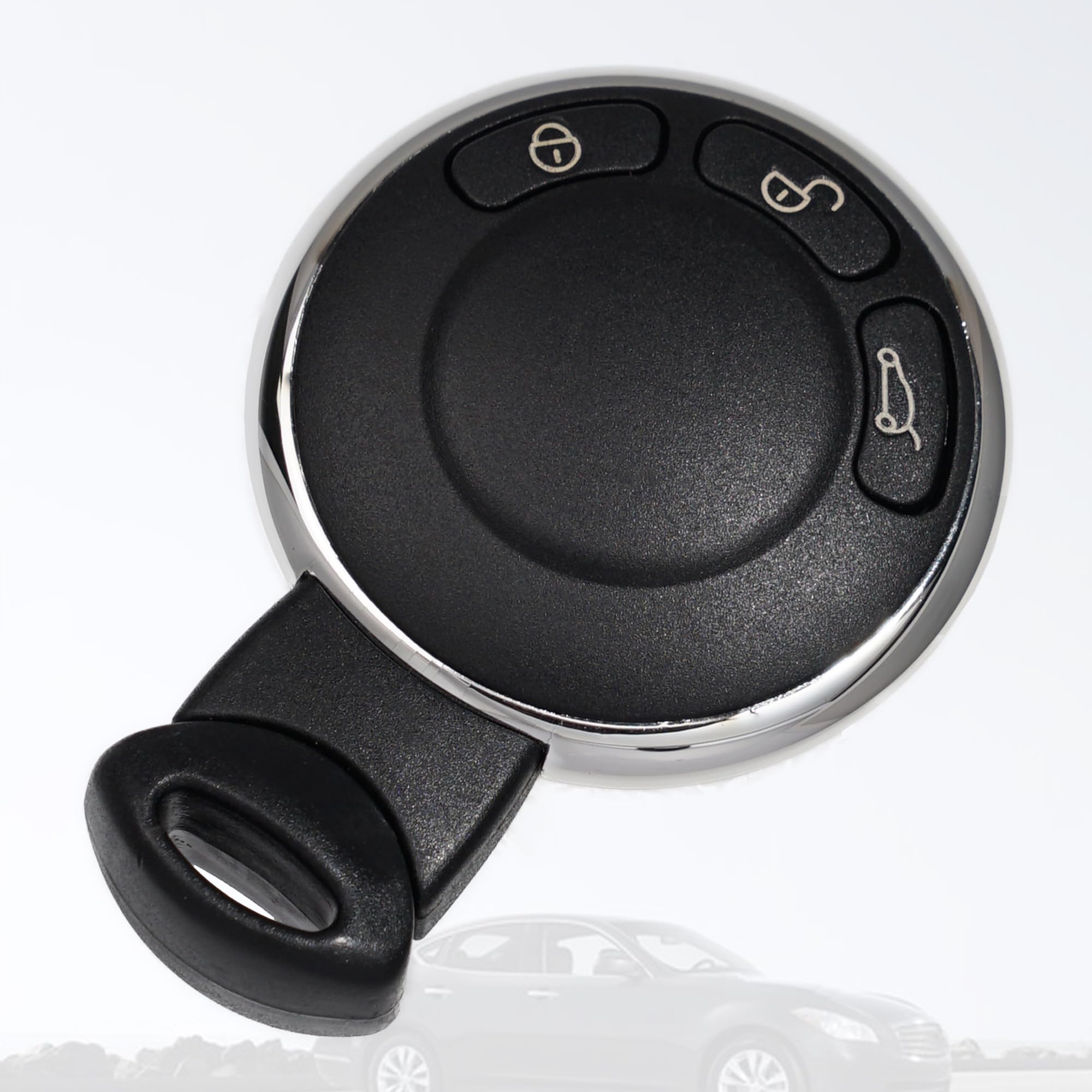MechanMagic key fob placed on Mini dashboard demonstrating convenient push-start use