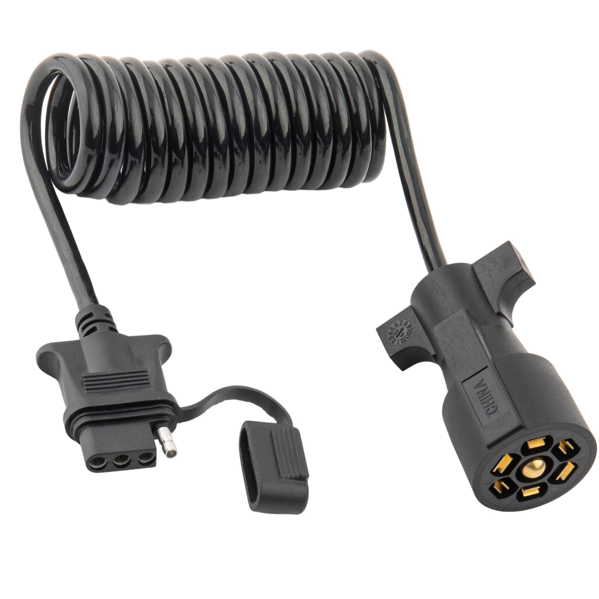 MECMO coiled adapter front view showing compact storage and tidy cable benefit