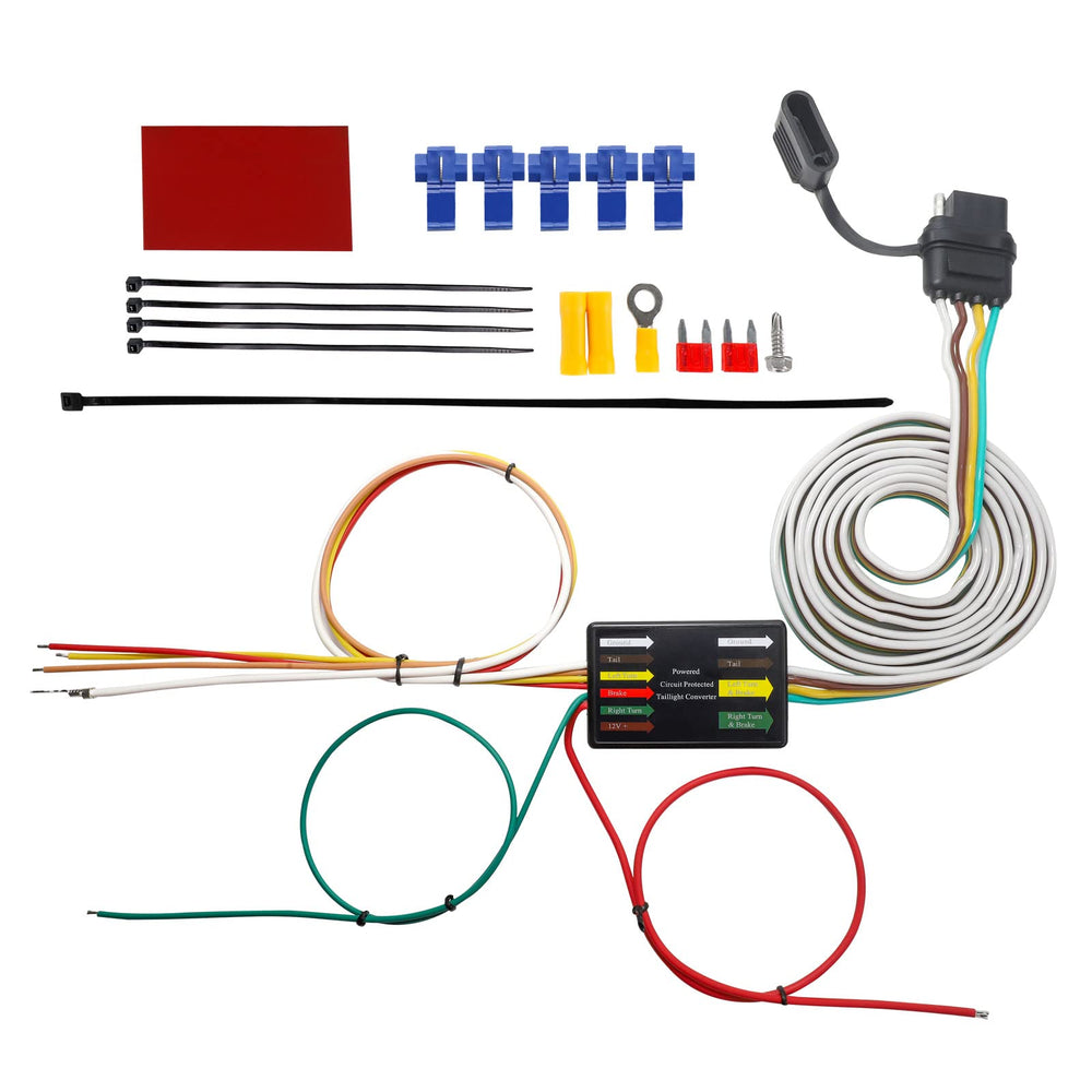 MECMO front view of 4-way flat harness showing connector and socket, simplifies hookup