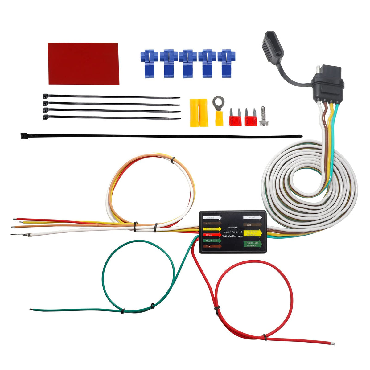 MECMO front view of 4-way flat harness showing connector and socket, simplifies hookup