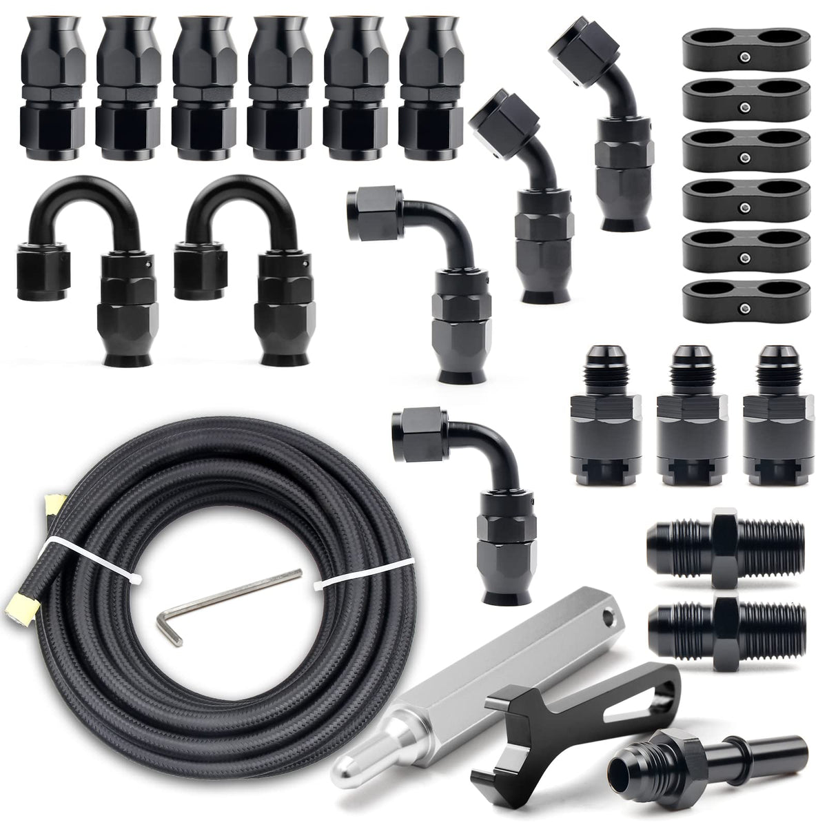 Medoon front packaging showing full 6AN PTFE fuel kit and included accessories for easy install
