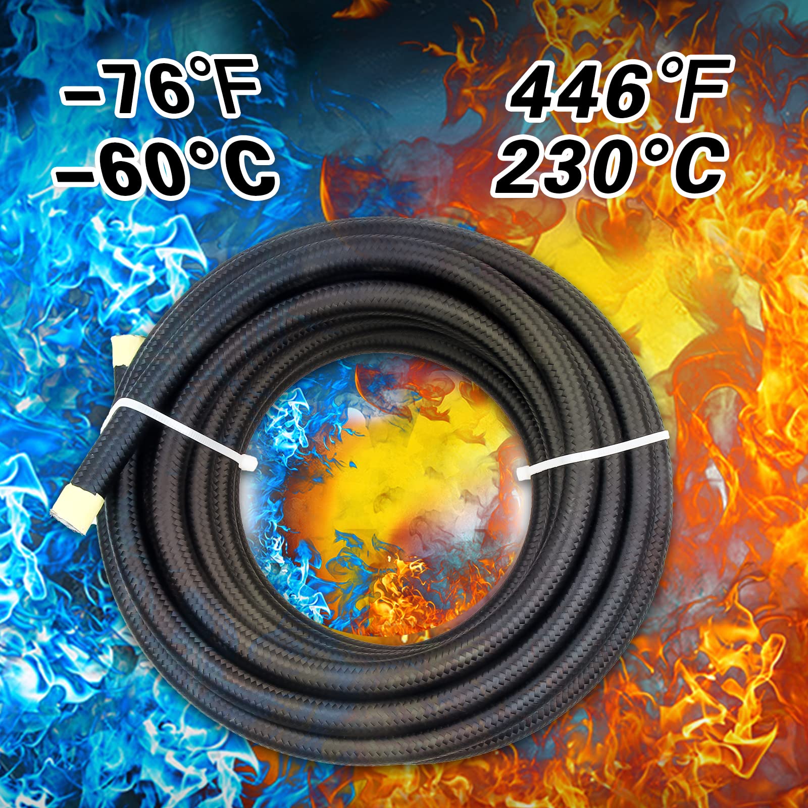 Medoon hose beside a ruler showing 26ft length for long-route compatibility