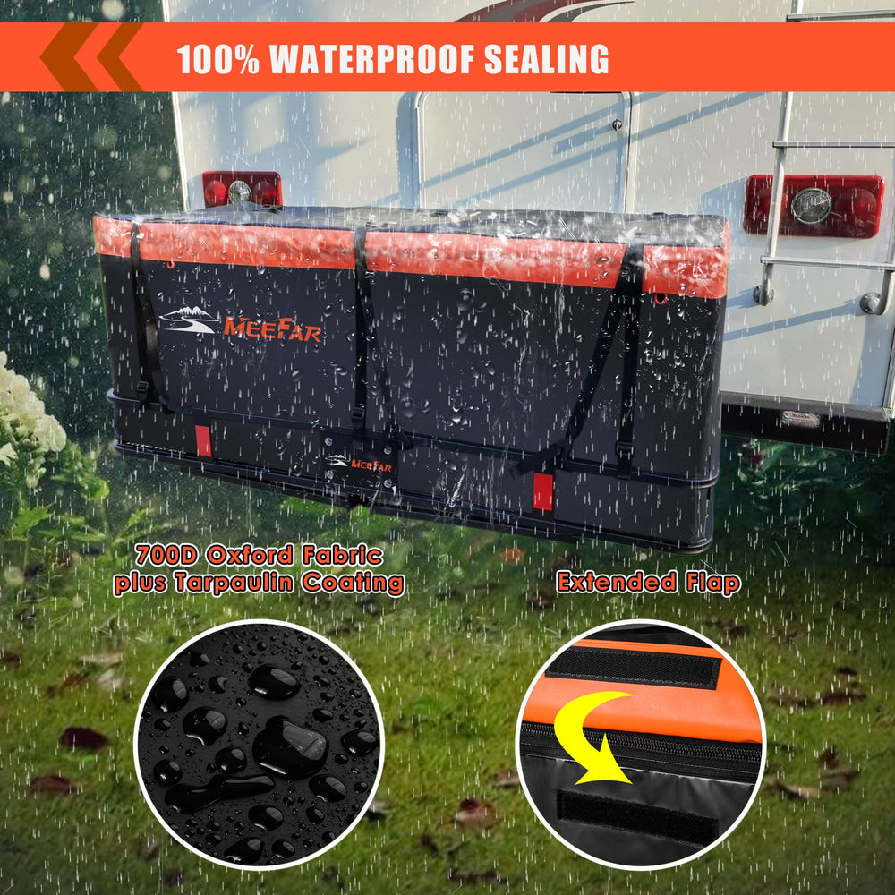 MeeFar bag installed on hitch cargo basket for travel convenience