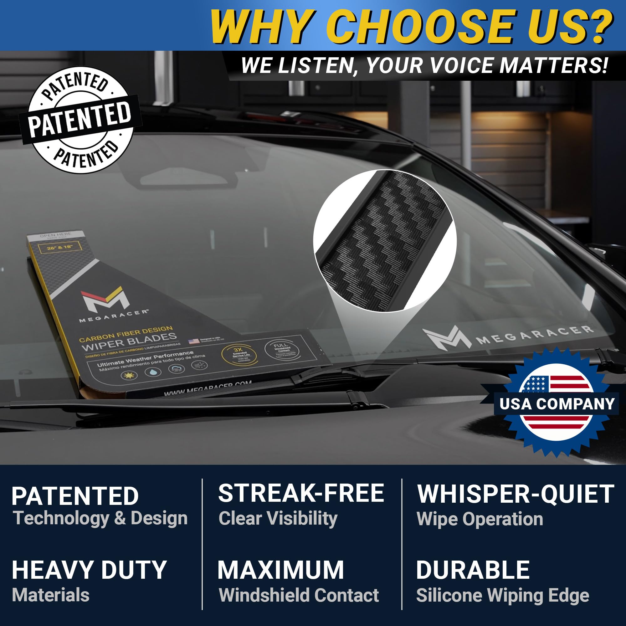 Mega Racer blades installed on windshield for clearer wet visibility