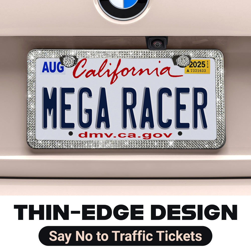 Mega Racer next to a standard plate showing correct fit benefit: assured US size compatibility
