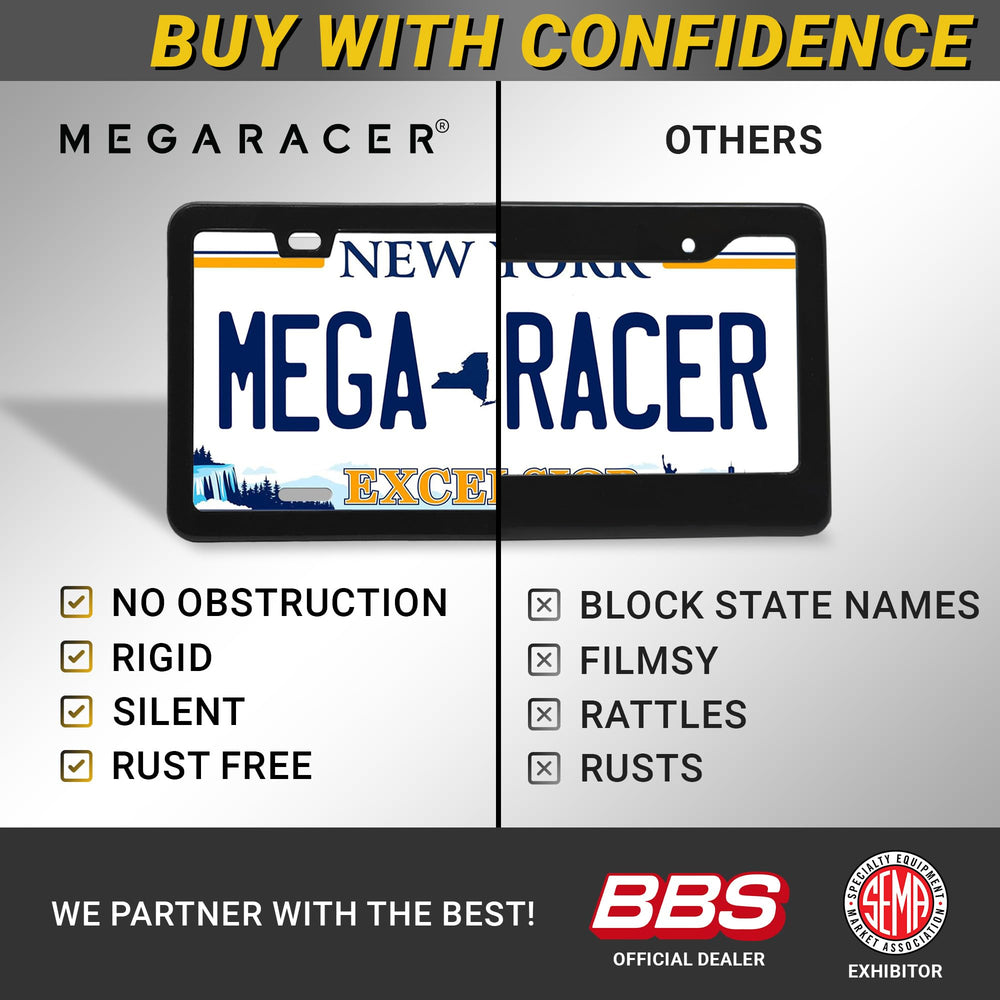 Mega Racer frame beside standard license plate showing exact size compatibility