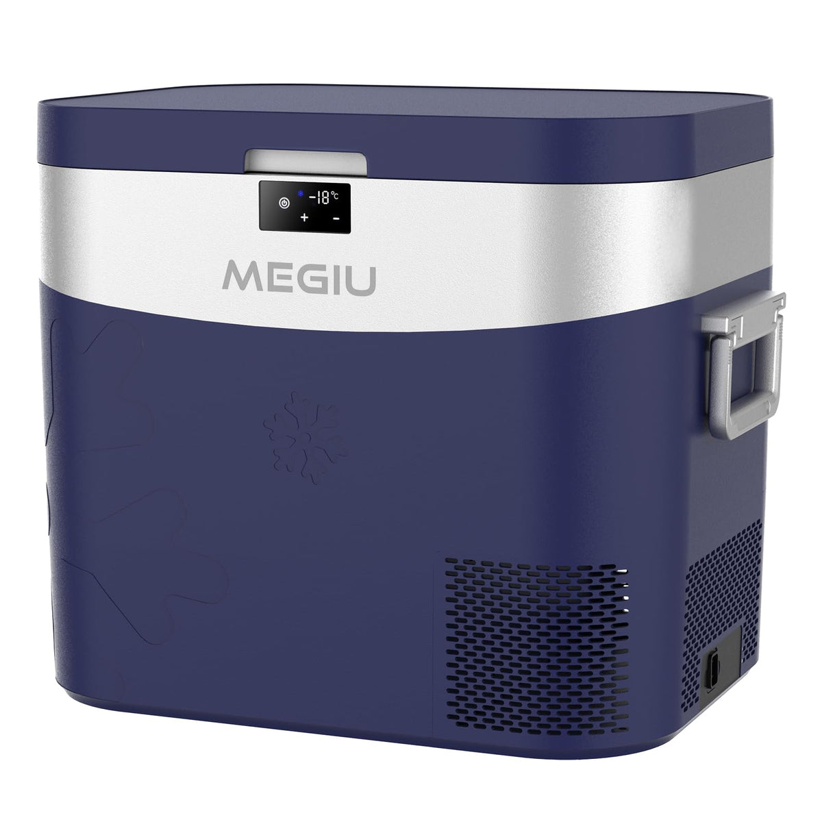 Megiu front view showing compact blue fridge and portability benefit