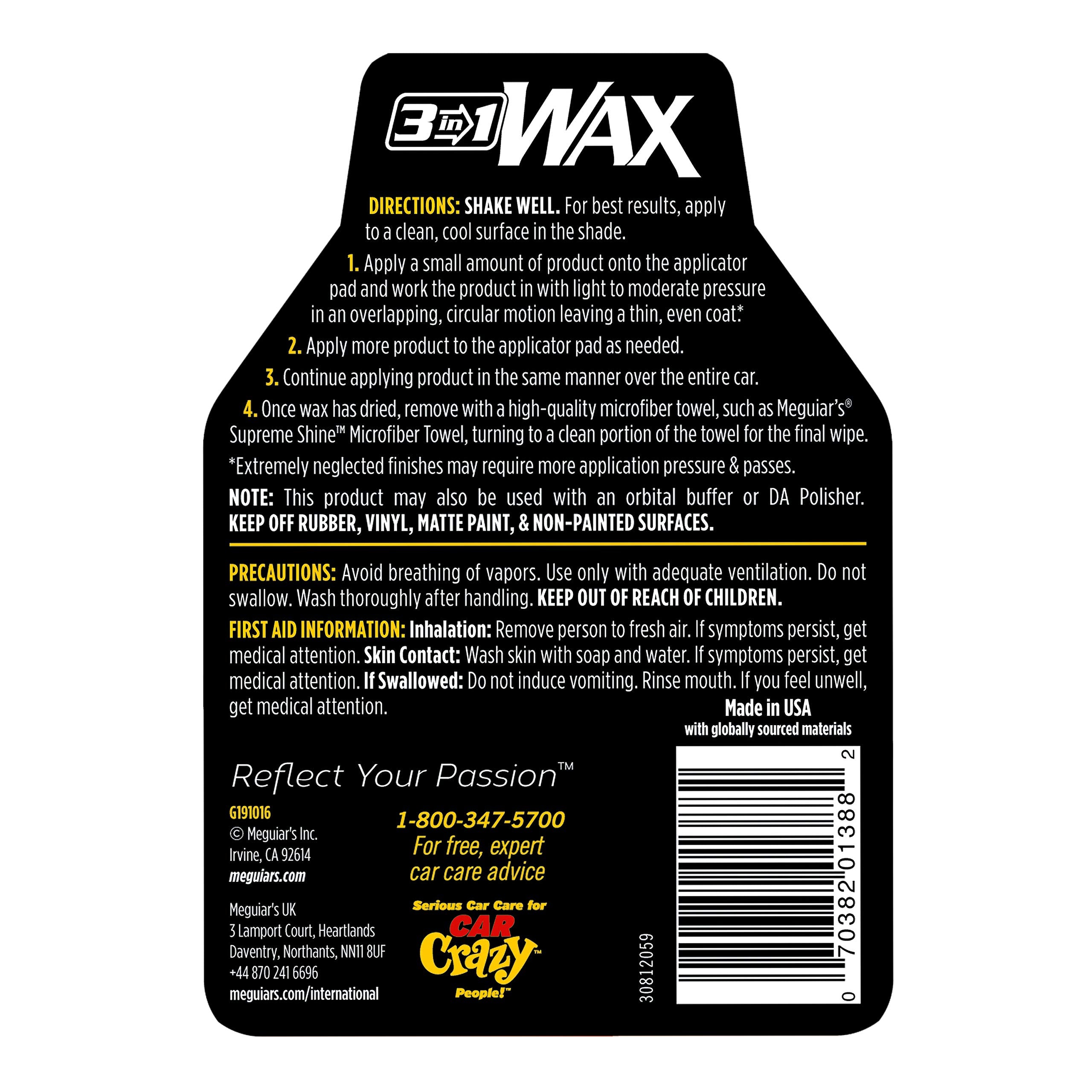 Meguiar's label close-up showing product details and application guidance