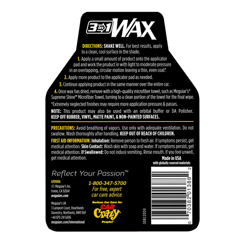 Meguiar's label close-up showing product details and application guidance