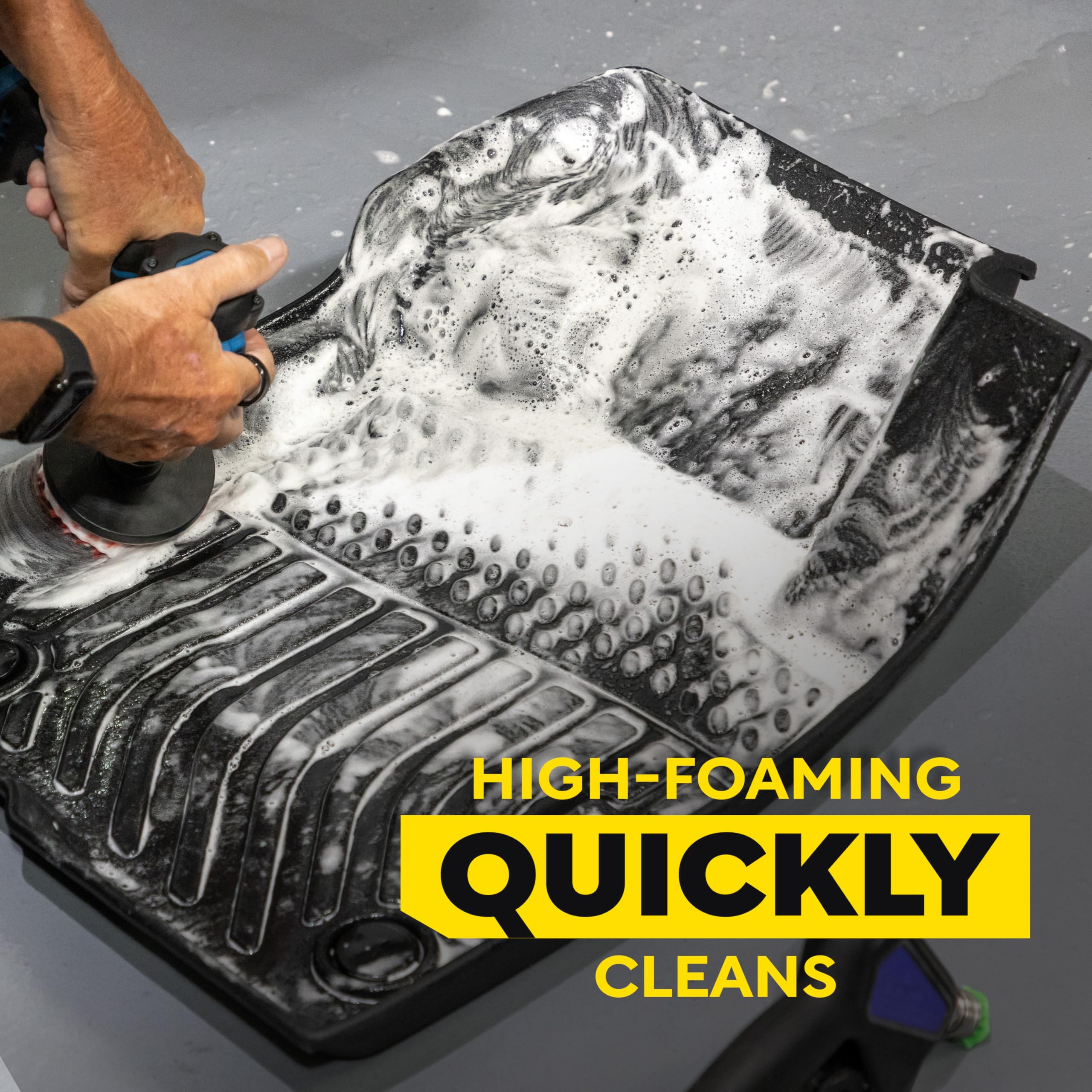 Meguiar's before-and-after floor mat comparison showing restored look