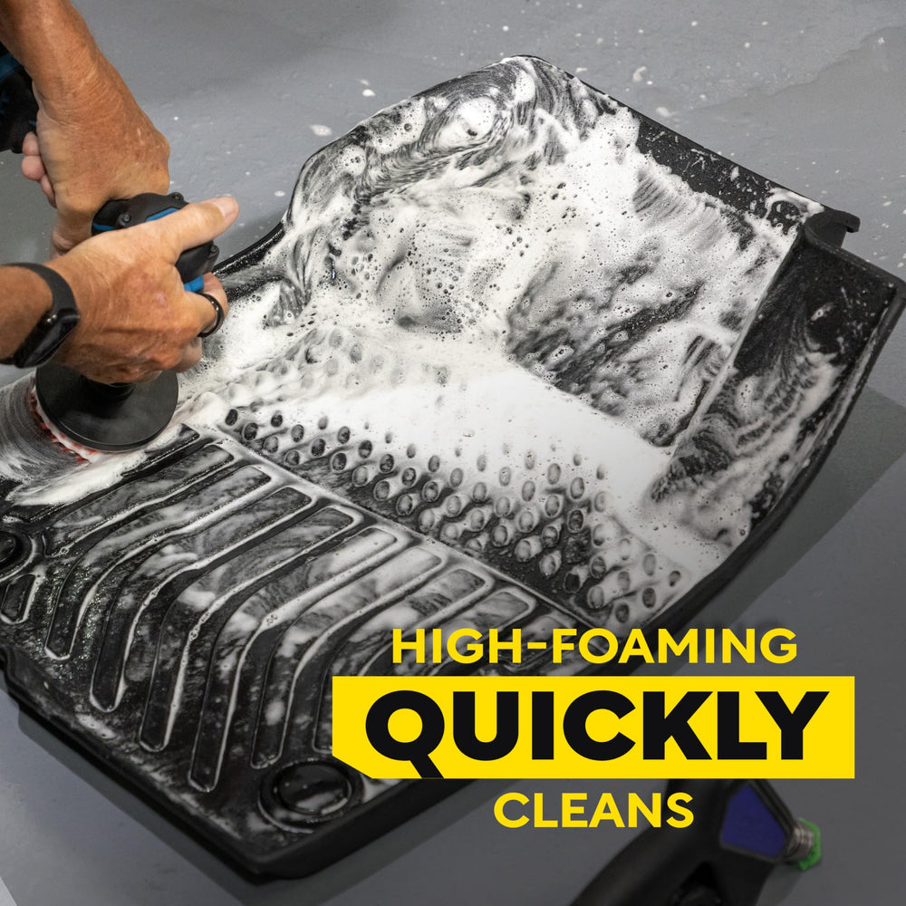 Meguiar's before-and-after floor mat comparison showing restored look