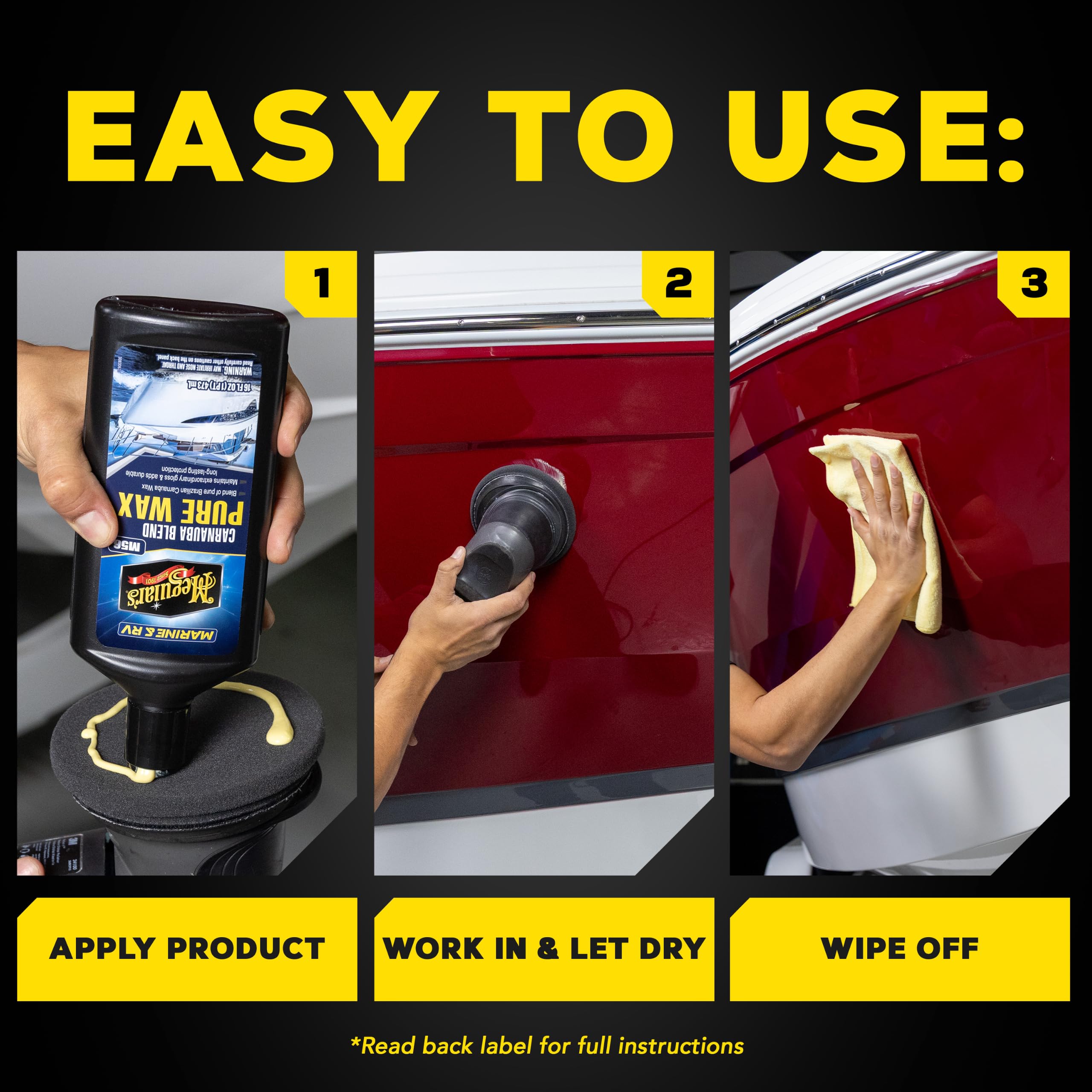 Meguiar's before and after boat hull showing restored depth and shine