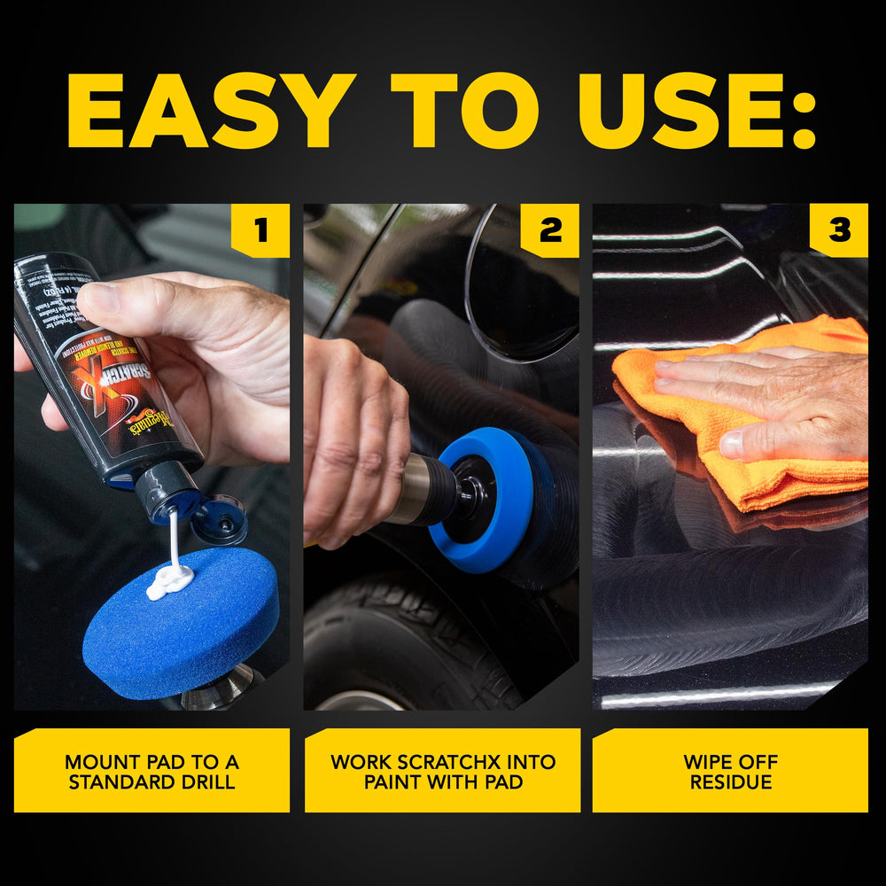Meguiar's before and after door-handle scratch showing visible improvement