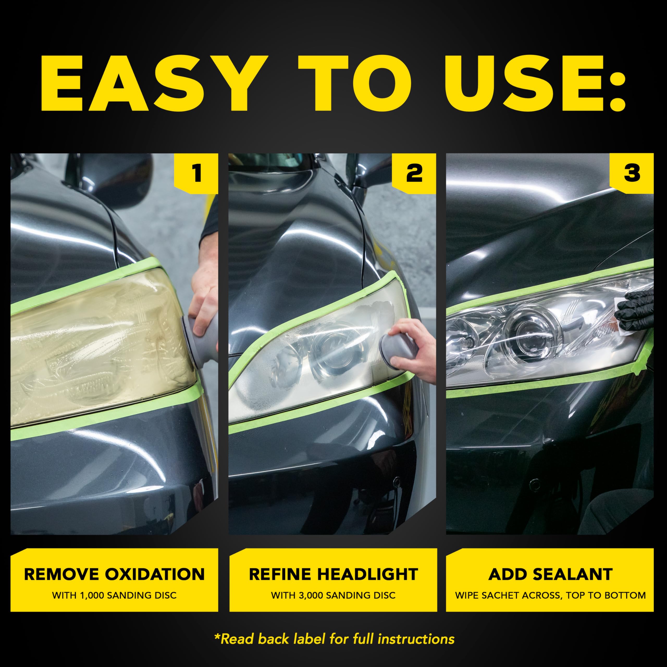Meguiar's side-by-side before and after headlight showing restored clarity