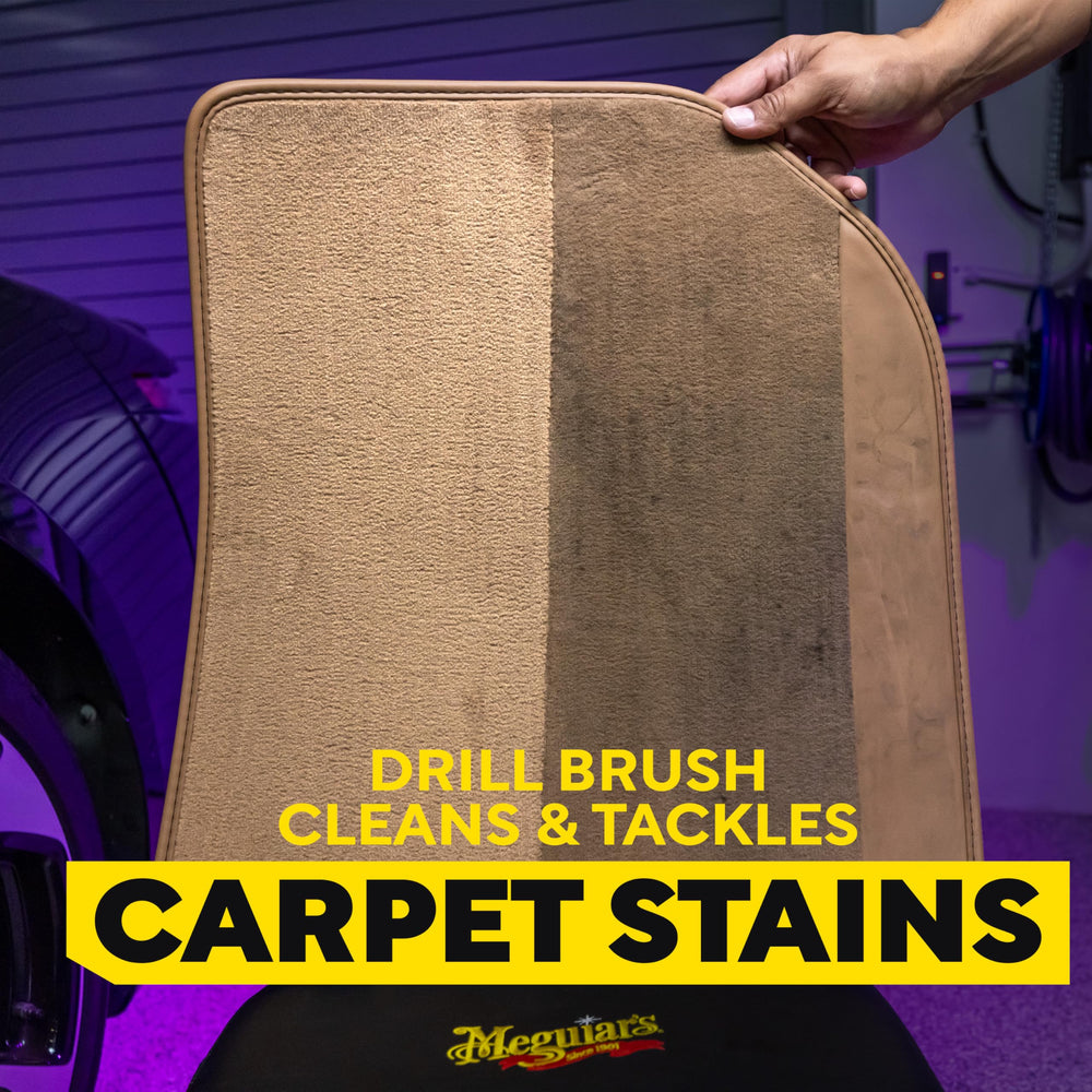 Meguiar's brush on carpet in use removing deep dirt for faster cleaning