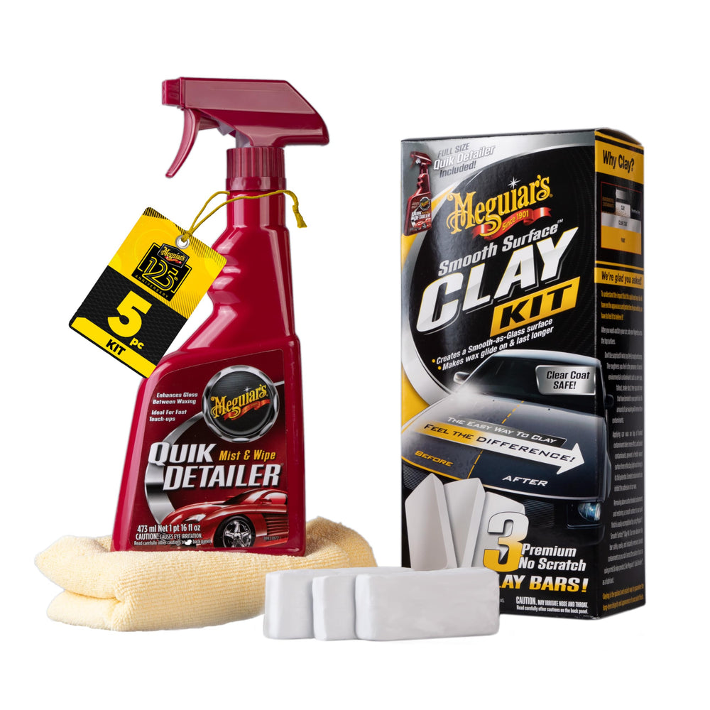 Meguiar's clay kit packaging showing included clay bars and accessories for easy prep
