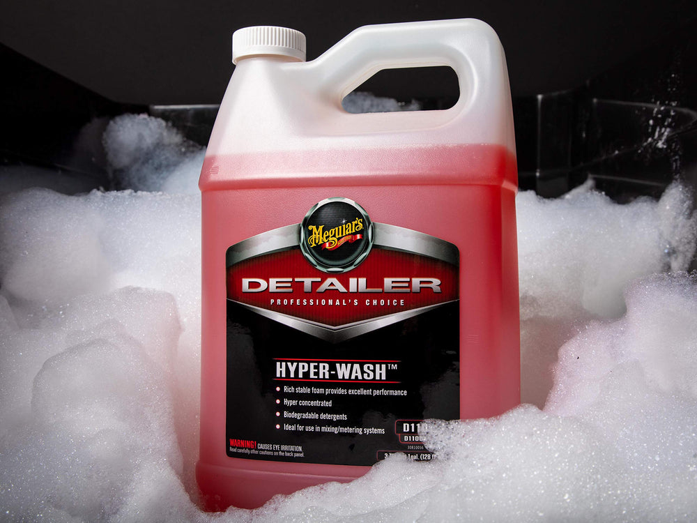 Meguiar's bucket setup with foam and mitt for safer, contamination-free washing