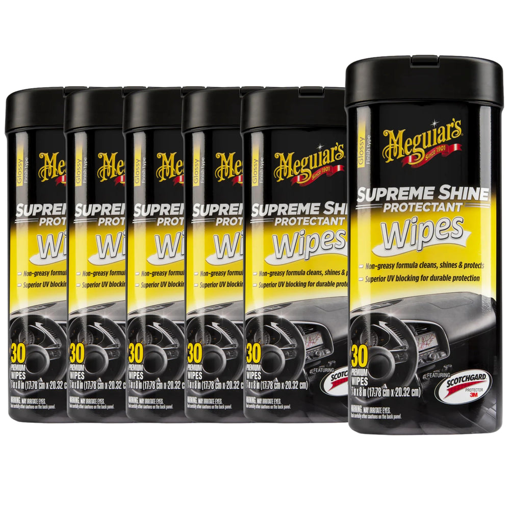 Meguiar's front packaging showing six canisters and brand clarity benefit