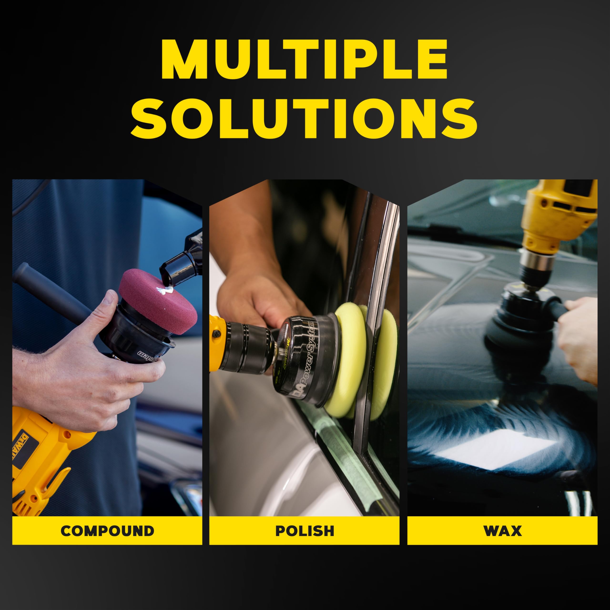 Meguiar's G3500 connected to drill in use demonstrating faster polishing and reduced effort