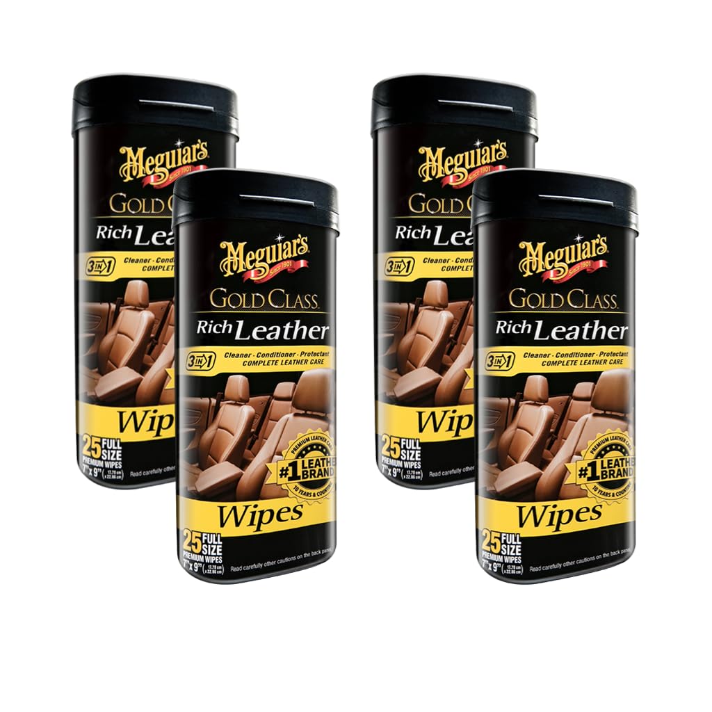 Meguiar's front packaging showing wipes and easy one-step leather care benefit