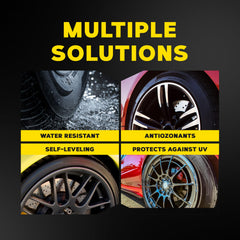 Meguiar's before and after tire pair showing restored black depth and contrast