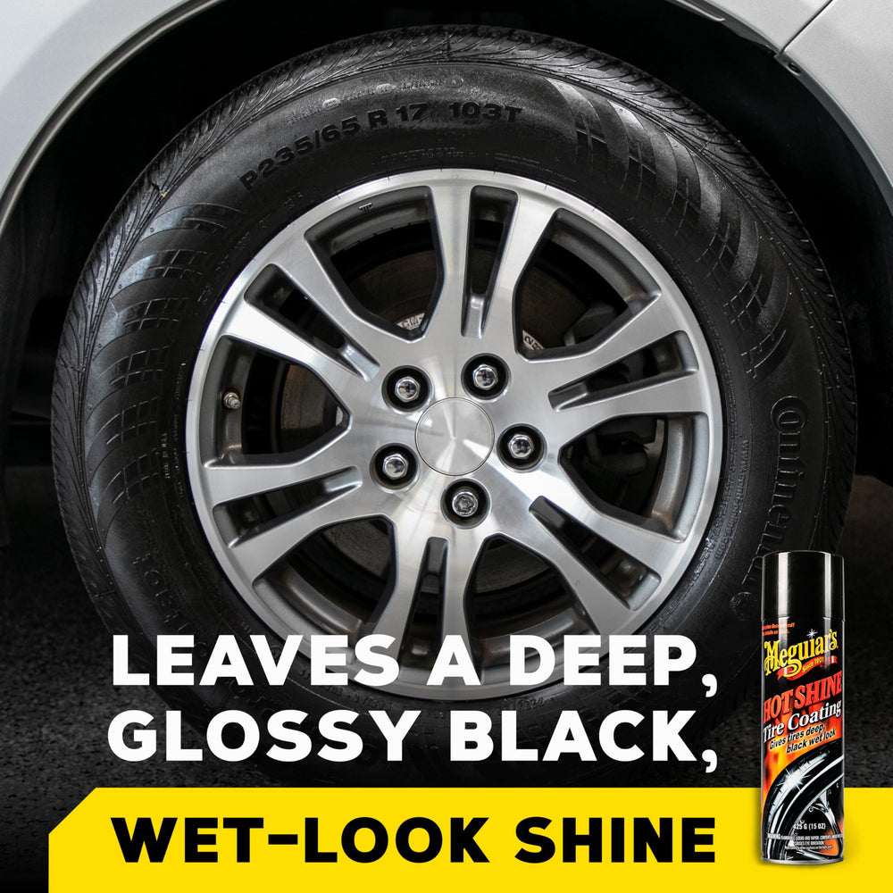 Meguiar's close-up of tire sidewall glossy finish highlighting deep wet look