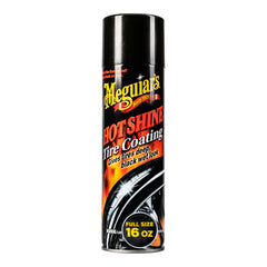 Meguiar's spray action on a tire delivering quick, even coverage and shine