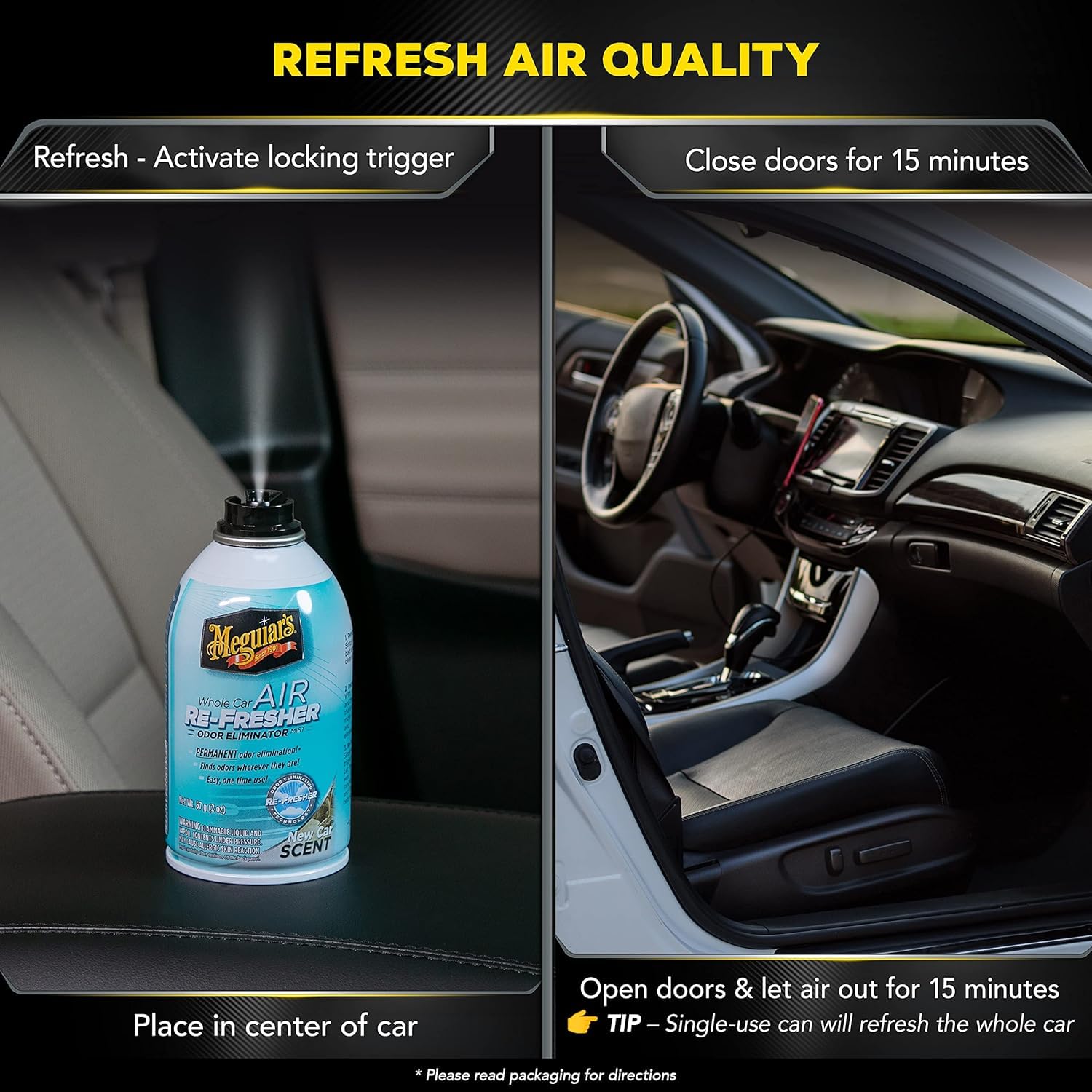 Meguiar's label close-up with directions for safe, effective odor removal
