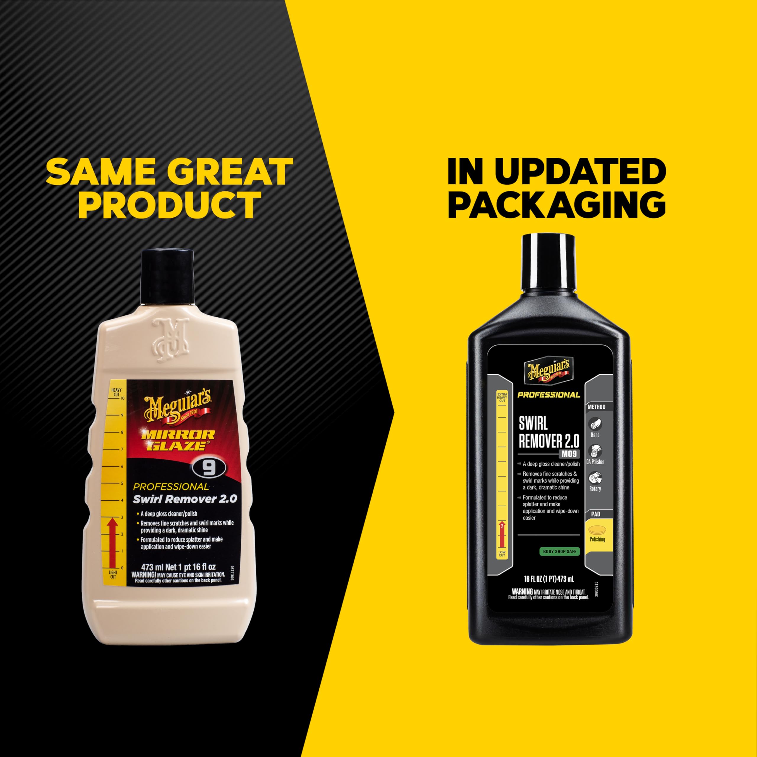 Meguiar's M09 restored black car panel showing deep glossy finish
