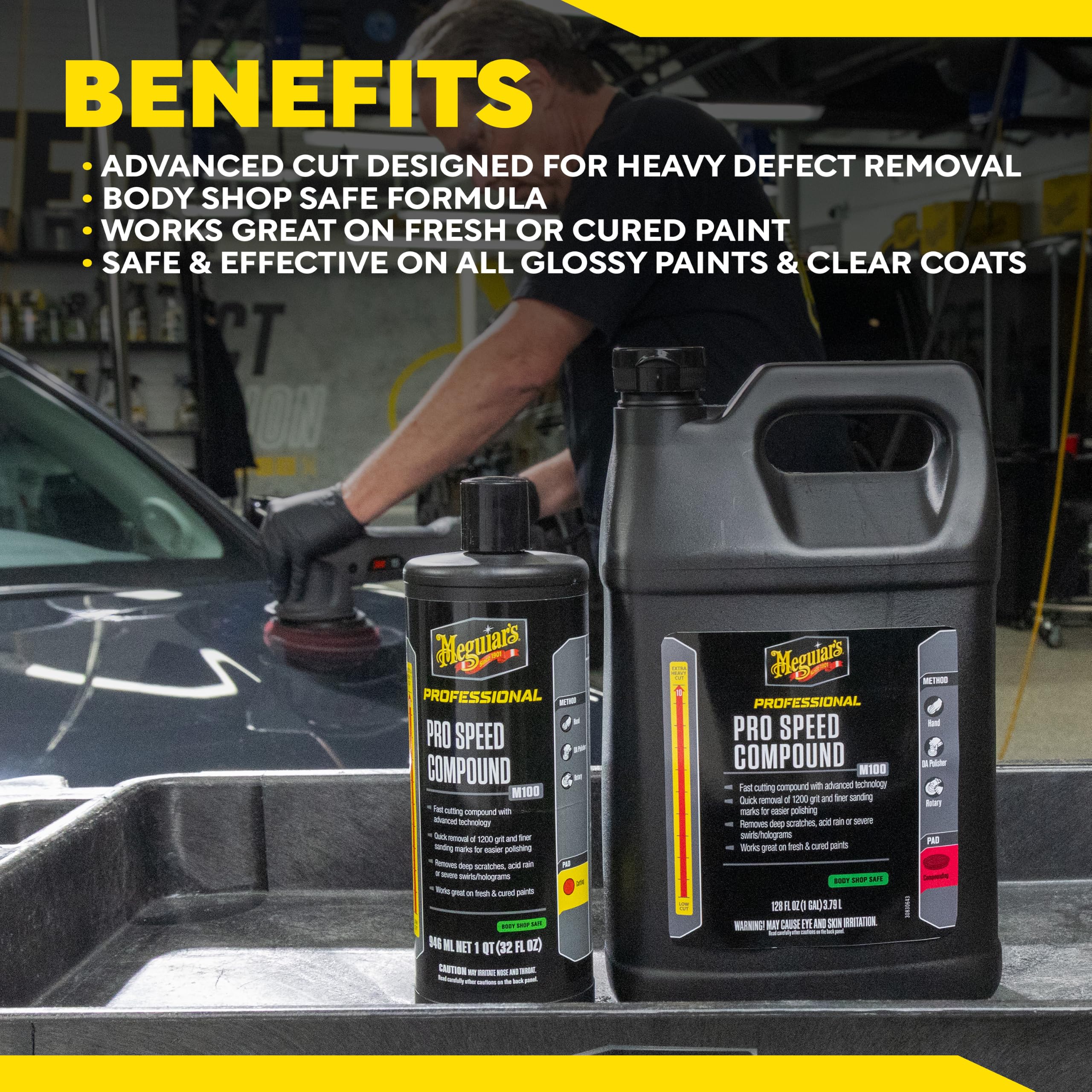 Meguiar's M100 in a workshop setting illustrating professional use