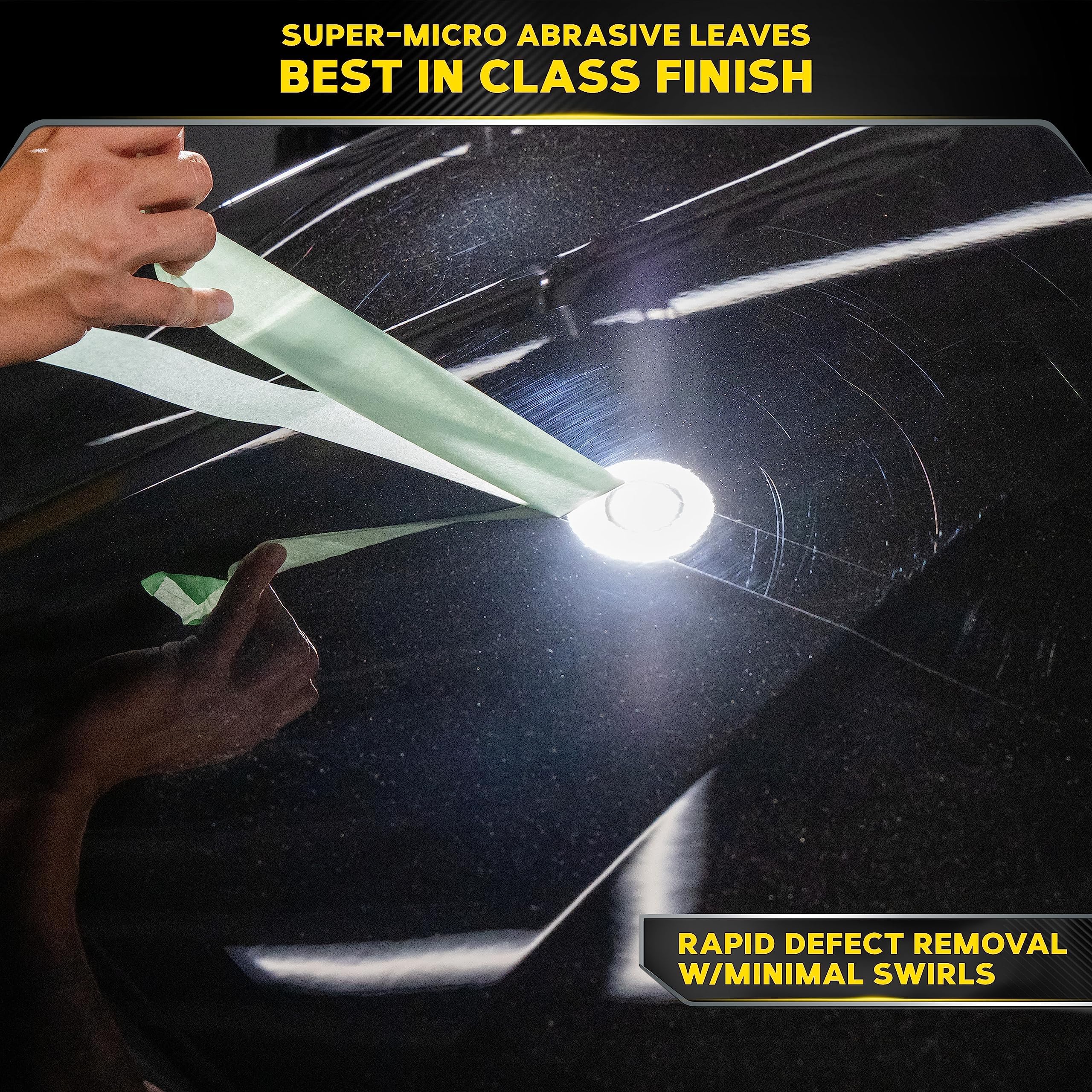 Meguiar's being worked into dark paint highlighting defect removal and improved clarity