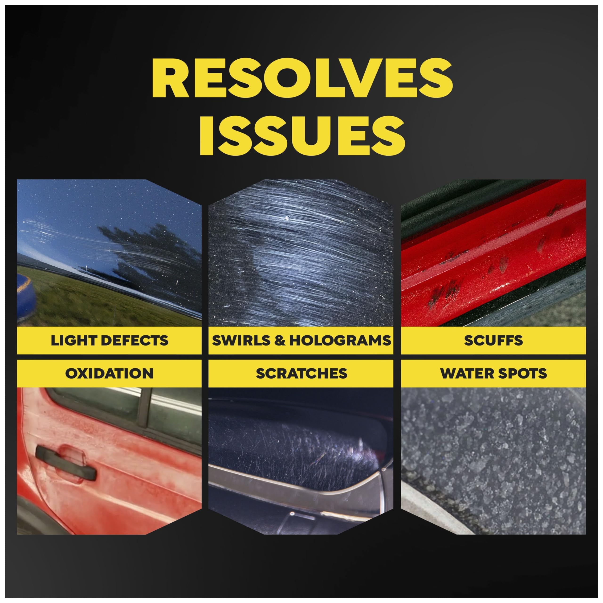 Meguiar's M105 before and after reflection showing restored gloss and clarity