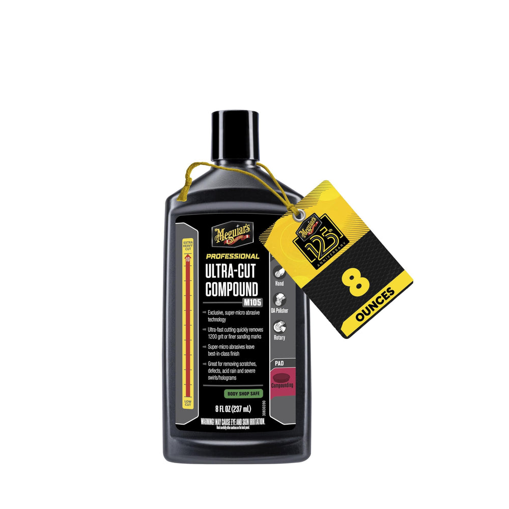 Meguiar's front label on 8oz M105 bottle showing product identity and benefits