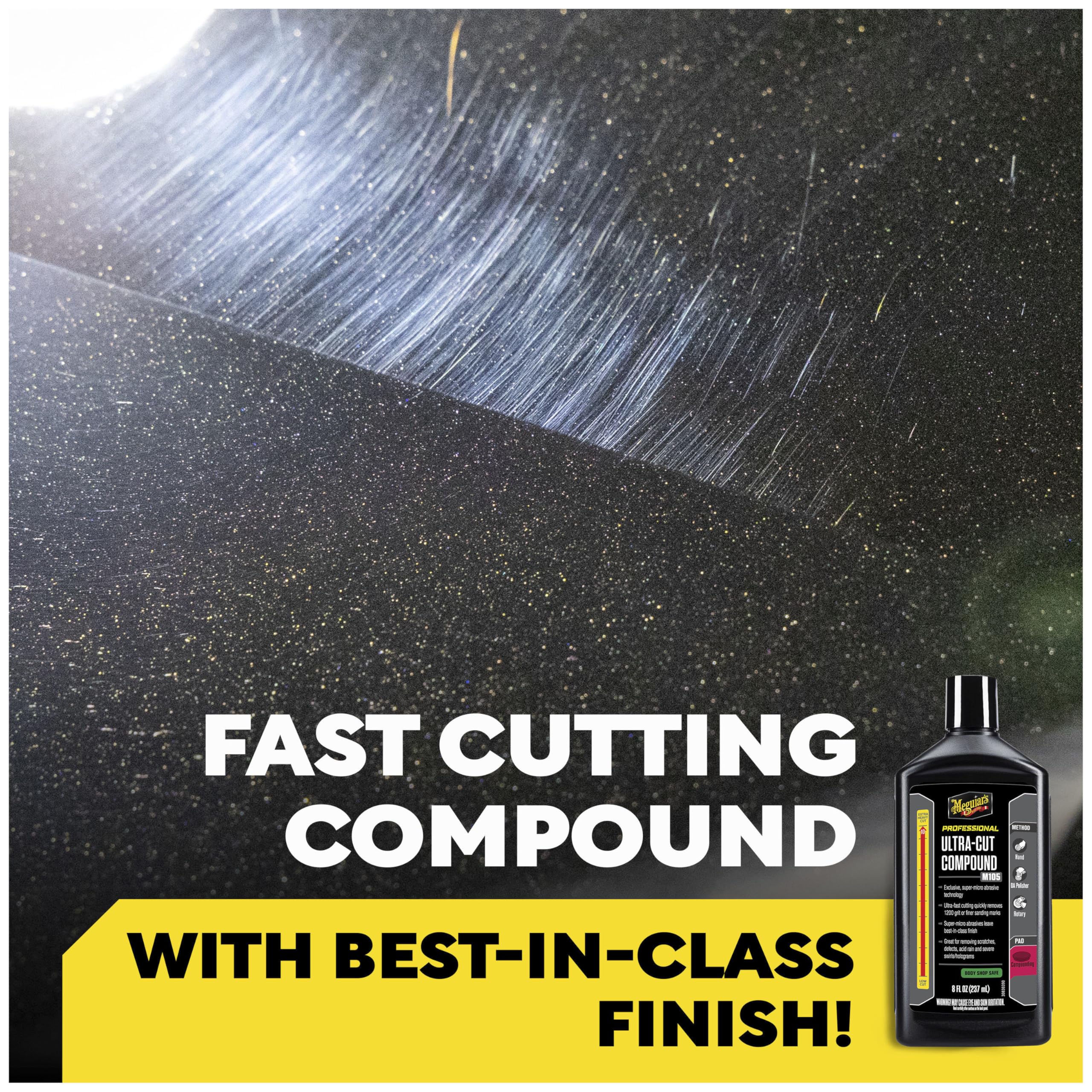Meguiar's M105 applied with polisher on car panel demonstrating defect removal
