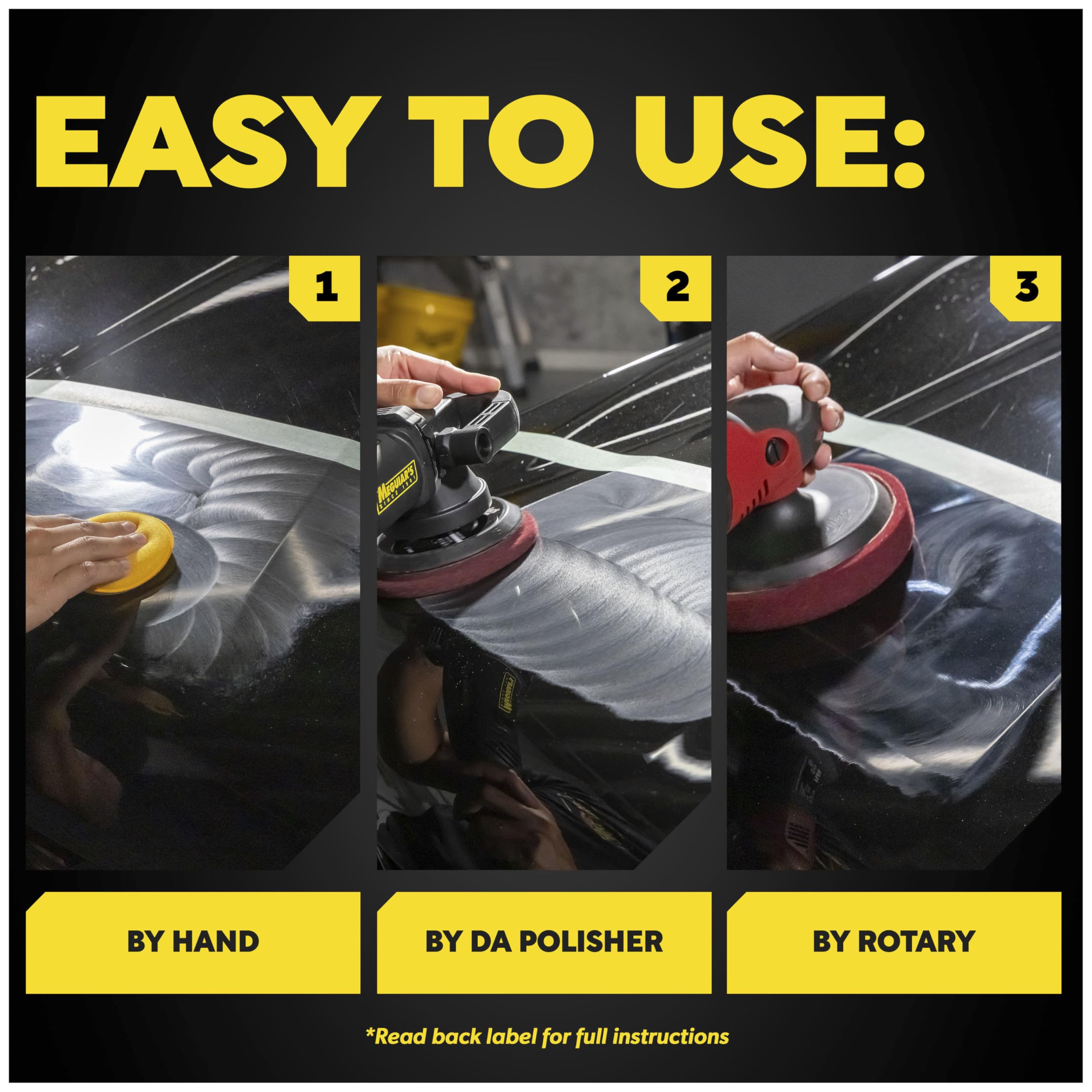 Meguiar's M105 bottle beside a hand showing true 8oz scale for purchase confidence