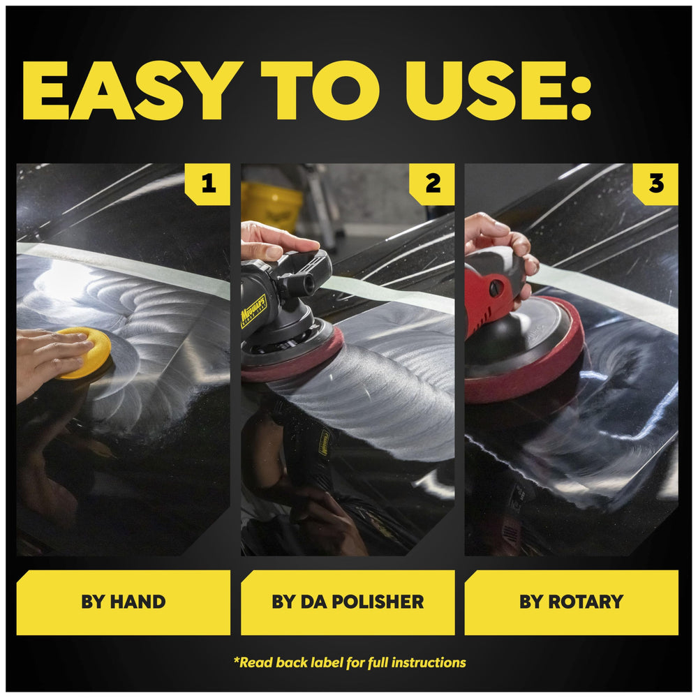 Meguiar's M105 bottle beside a hand showing true 8oz scale for purchase confidence