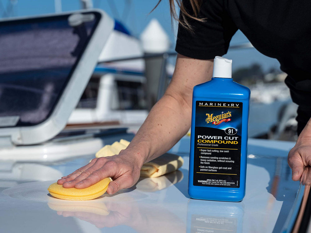 Meguiar's M91 before and after on a boat hull showing restored gloss and clarity